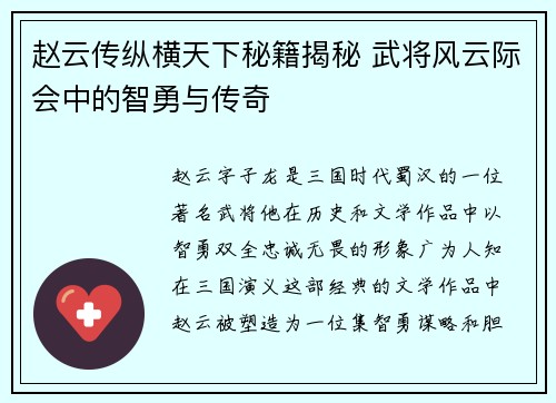 赵云传纵横天下秘籍揭秘 武将风云际会中的智勇与传奇
